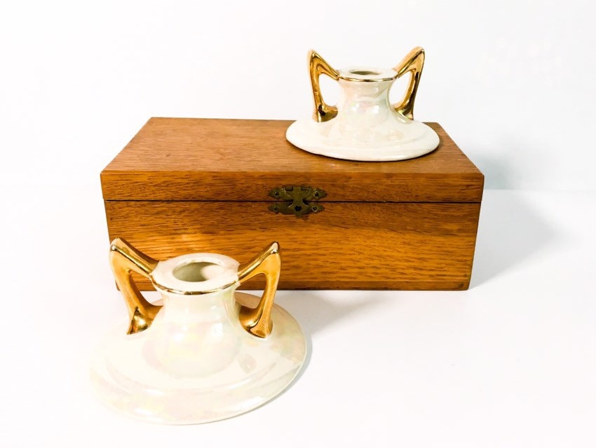 Pair Candlestick Holders Pearl China Comany Vintage Set Pearlized