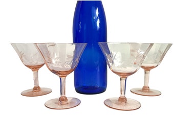 4 Vintage Etched Marie Pink Low Sherbet Depression Glass w/ Etched Flowers around Bowl - Four Champagne Coupes / Retro Stemware Circa 1930s