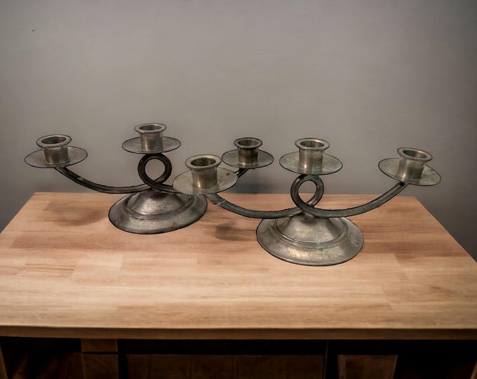 Vintage Pair Pewter INSICO #122 Candelabra Candlestick Holders #1 - Two Retro Candelabra w/ 3 Candle Holders - Home Decor - Mid Century