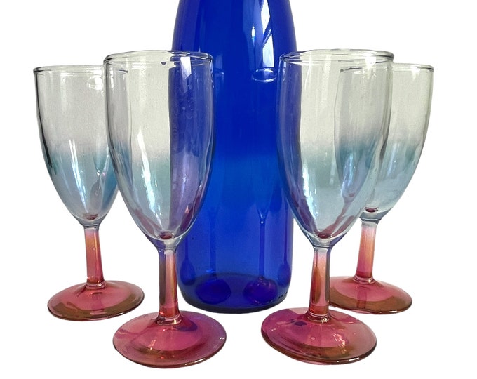 4 Vintage Wine Glasses Blue to Clear Ombré Bowl and Red Stem and Base - Set Four Retro Small / Liquor Cocktail Glass