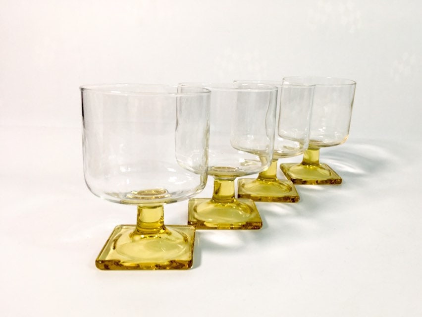 Vintage Federal Glass Nordic Topaz Wine Glasses - Set 4 Square Yellow Base  Stem Wine - Retro Mid Century Glassware / Stemware / Barware