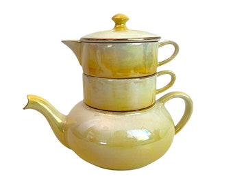 Royal Winton Grimwades Mini Teapot Creamer & Cup - Stacking 4 pc Set  - Yellow Iridescent Obmre w/ Gold - Dining Entertaining Serving China