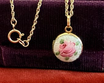 Vintage Guilloche Locket Necklace - 12K Gold Filled Rose Pendant, 14K GF Chain