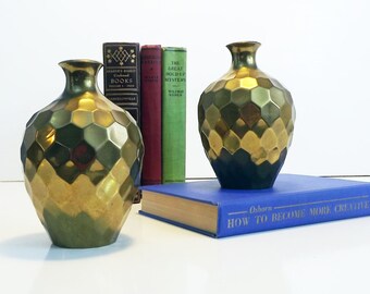 Vintage RIH Solid Brass Faceted Honeycomb Vases - Set of 2 Small Vase - Home Decor / Decorating Geometric Modern Design - Made in India