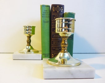 2 Vintage Brass Candlesticks Italian Marble Base - Mid century Clean Mod Design - 2 Brass Candle Holders Square Marble Base Stickers Intact