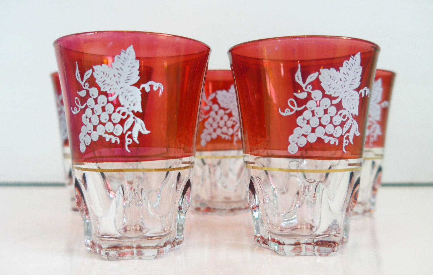 6 Vintage Red / Cranberry Colored Shot Glass Glasses Grape Motif on