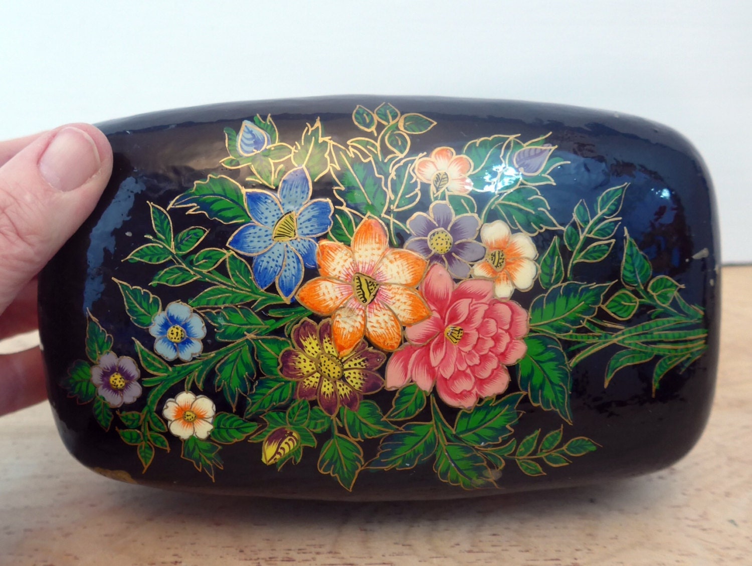 Vintage Large Oval Black Lacquer Jewelry Trinket Box Hand Painted Shabby Chic Colorful Flowers
