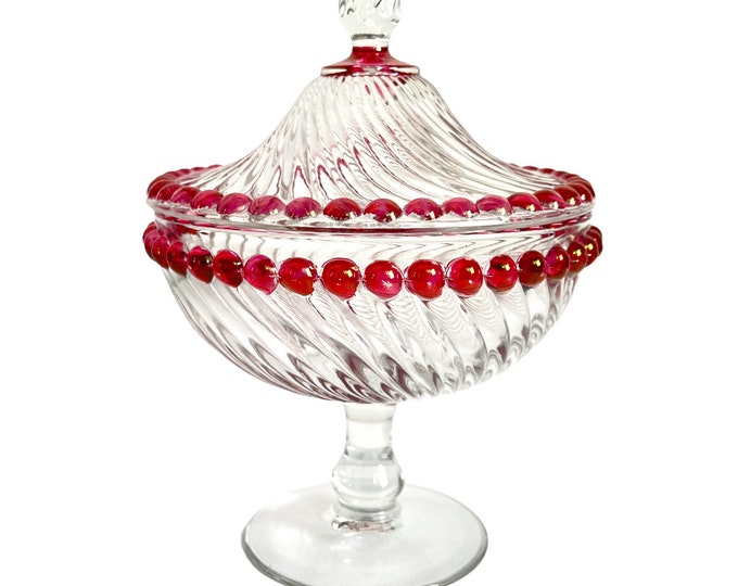 Vintage Westmoreland Swirl & Red Ball Glass Pedestal Dish w/ Lid - Retro Home Decor Ca 1940s