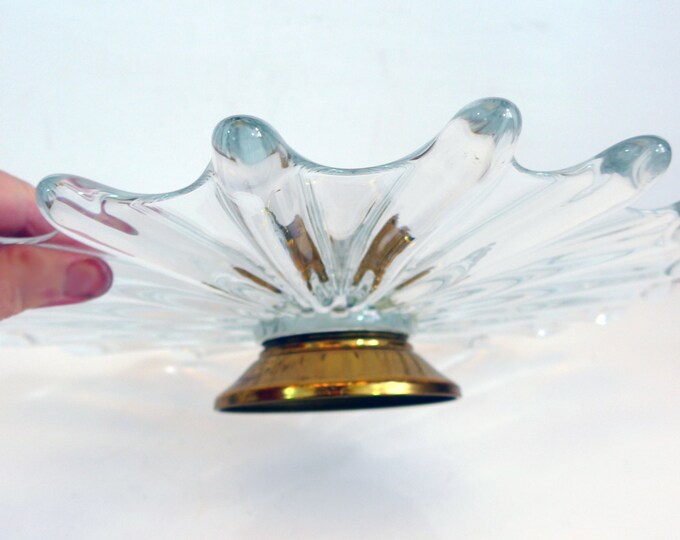 Vintage Art Glass Dish Bowl w/ Brass Low Pedestal Base -  Centerpiece w/ Brass Pedestal Base - Large Mod Clear Glass Display Home Decor