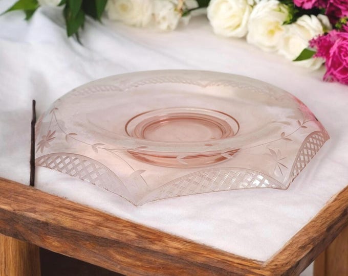 Vintage / Antique Rolled Edge Console Glass Bowl - Pink Depression Glass Tablescape Dish Low Flower Vase - Retro Etched Glass Centerpiece