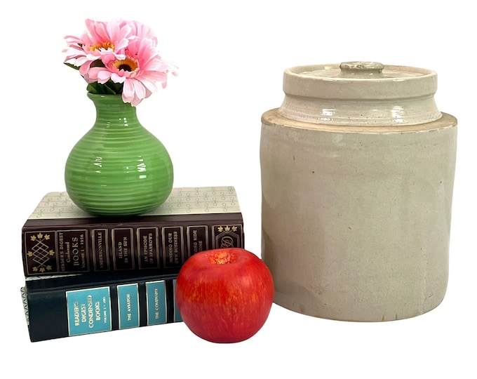 Vintage Pottery Jar w/ Lid Farmhouse Country Decor - Rustic Lidded Storage Container Grey / Beige Stonewear ca 1920-1930s