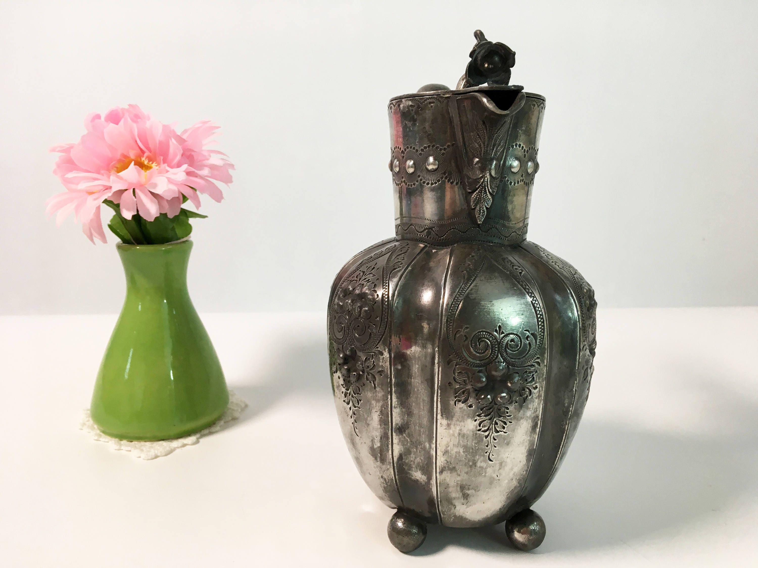 Antique Victorian Pewter Pitcher Ornate Jug w/ Lid and Flower Finial