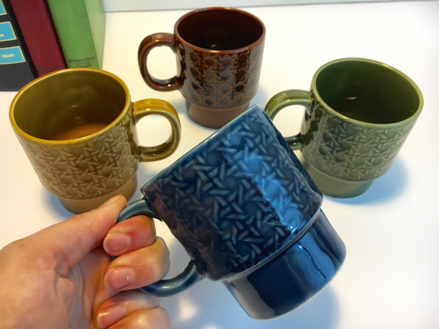 Set of 4 Stacking / Stackable Coffee / Tea Mugs / Cups Geometric