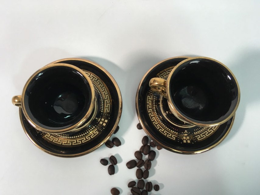 2 Vintage Demitasse Cups & Saucers 24K Gold on Black Greek Retro Pair
