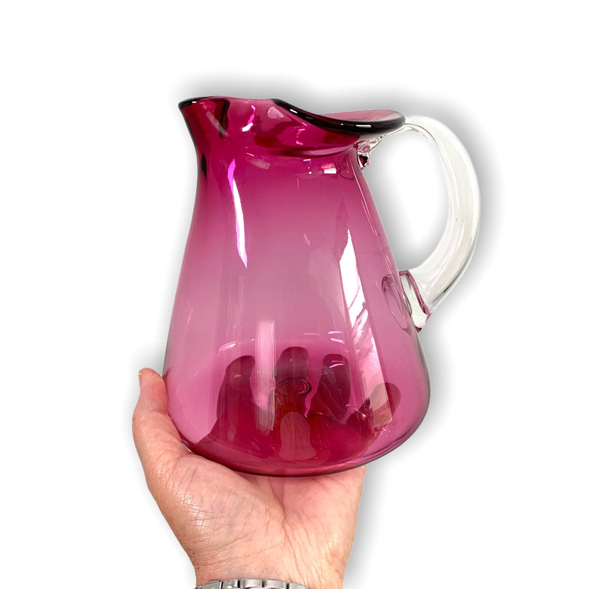 Vintage Pink Glass Pitcher W Clear Handle Blown Glass Hallmarked Cg