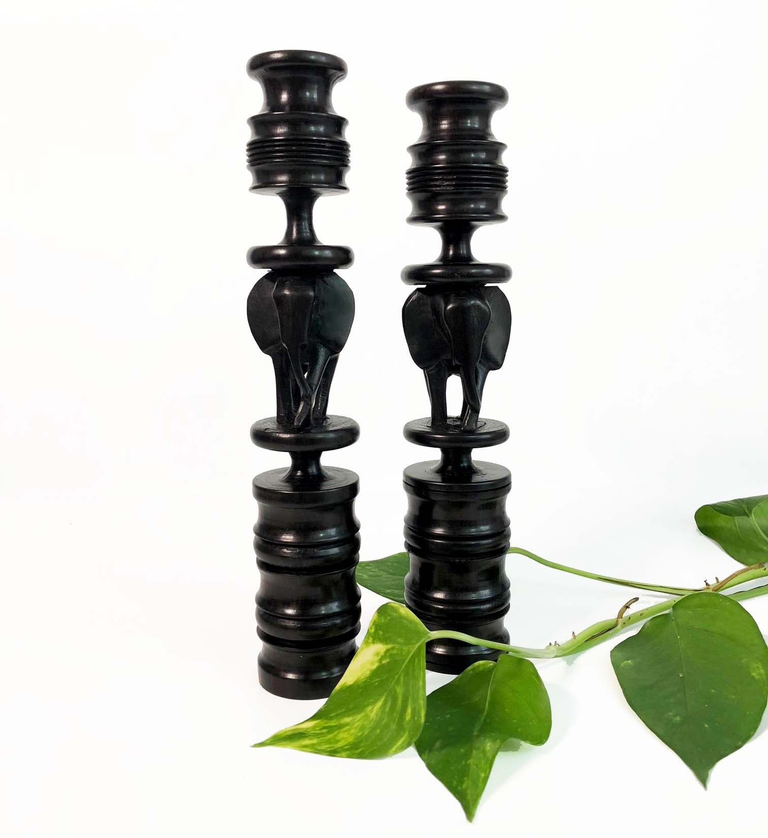 Vintage Ebony Candlestick Holders Set of 2 Pair of Dark Solid Wood