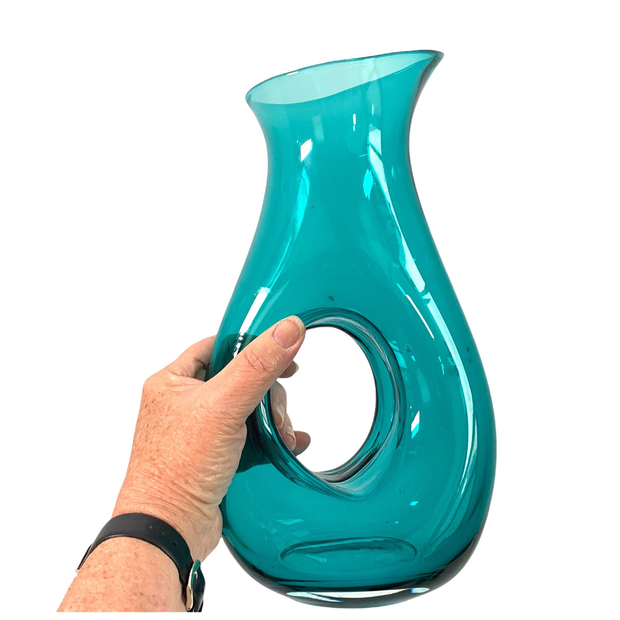 Vintage Bormioli Style Mod Aqua Blue Glass Carafe Hole in Center