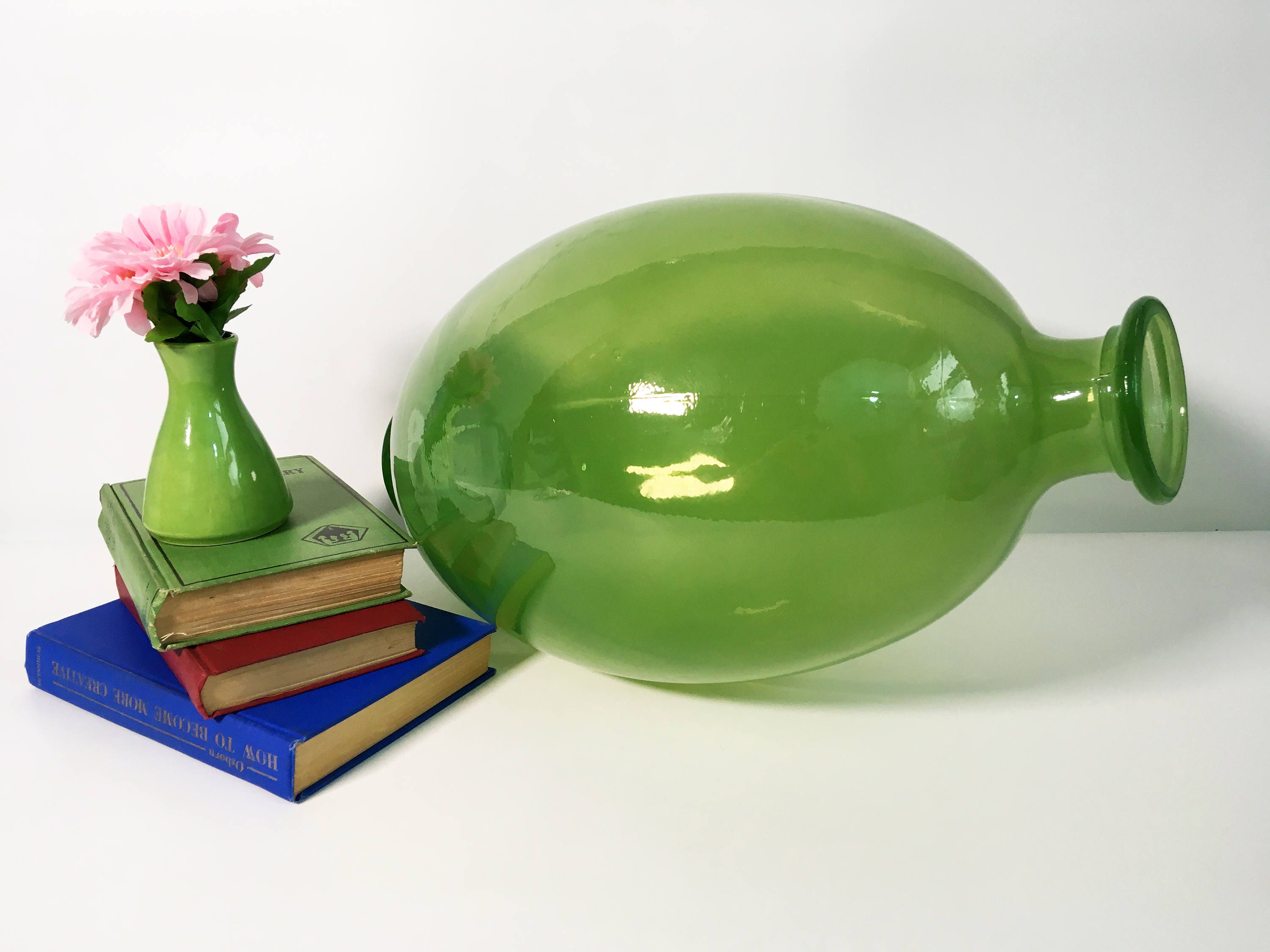 Vintage Art Glass Vase Green Large Bulbous Oval Floor Vase Tall Hand Blown Glass Vase Urn