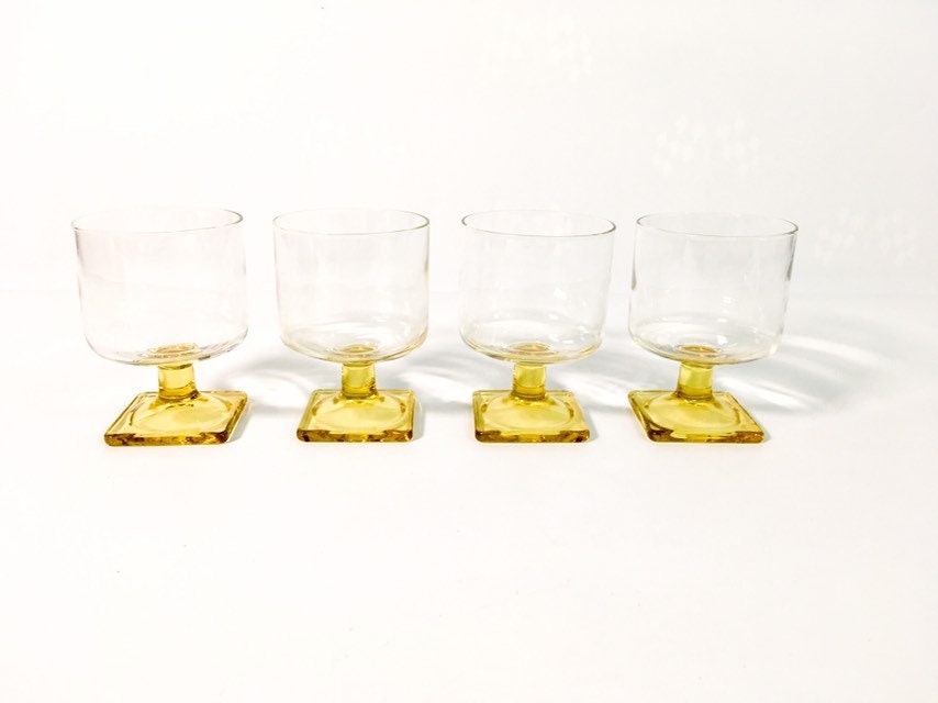 9 Vintage Clear Drinking Glasses w/Gold Square Pedestal Bases