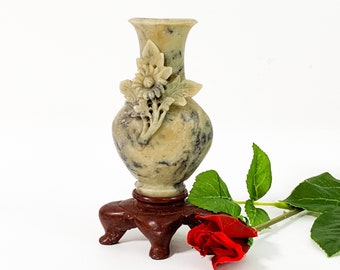 Antique Carved Soapstone Vase - Vintage Small Two Tone Bud Vase Asian Motif -  Home Decor circa 1900s