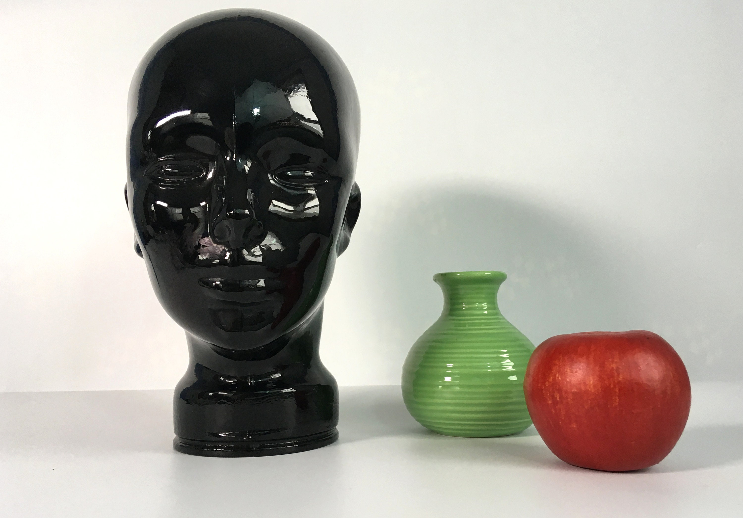 Kitschy Black Glass Head Bust Vintage Display Piece Retro Decor