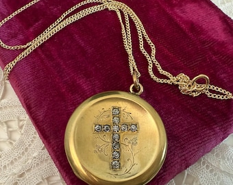 Vintage Round Locket w/ Cross on Front & FDW Monogram on Back on 14K GF Chain - Religious w/ Paste Gems and Etched Swirls - 2 Photo Necklace