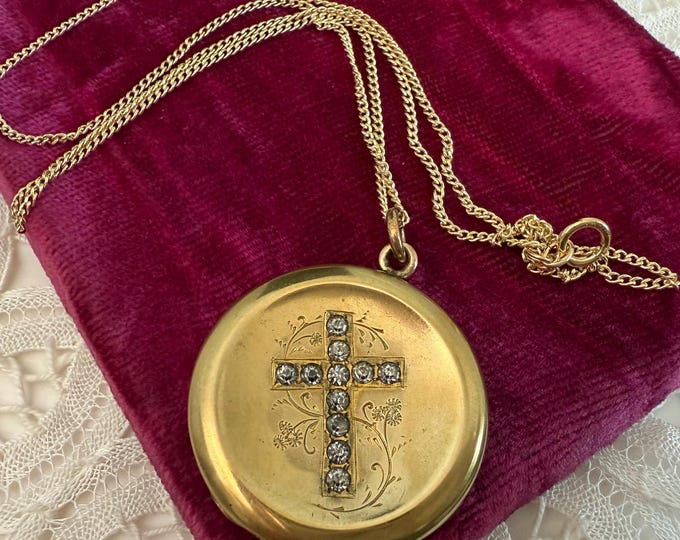 Vintage Round Locket w/ Cross on Front & FDW Monogram on Back on 14K GF Chain - Religious w/ Paste Gems and Etched Swirls - 2 Photo Necklace