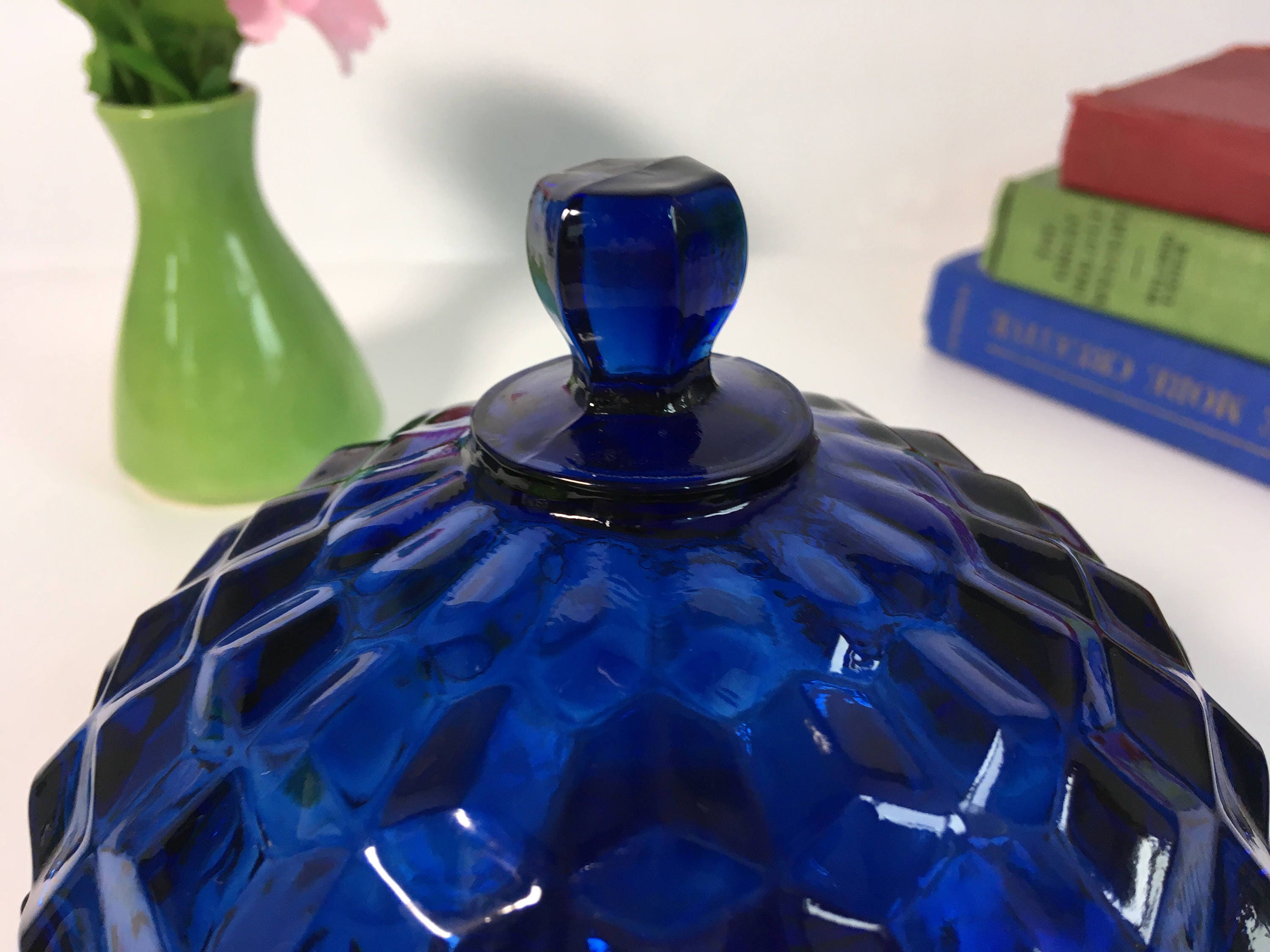 Vintage Cobalt Blue American Block Glass Jar W Lid Fostoria Dark Blue Dish Round Dark Blue