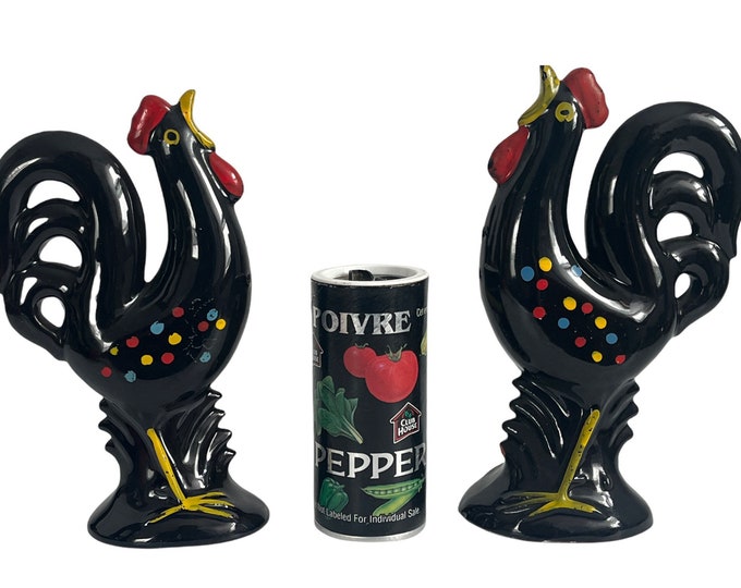 Vintage Redware Rooster Salt & Pepper Set - Hand painted Pottery Shabby Chic Black Red Yellow - Mid century Japan Kitchen Serving