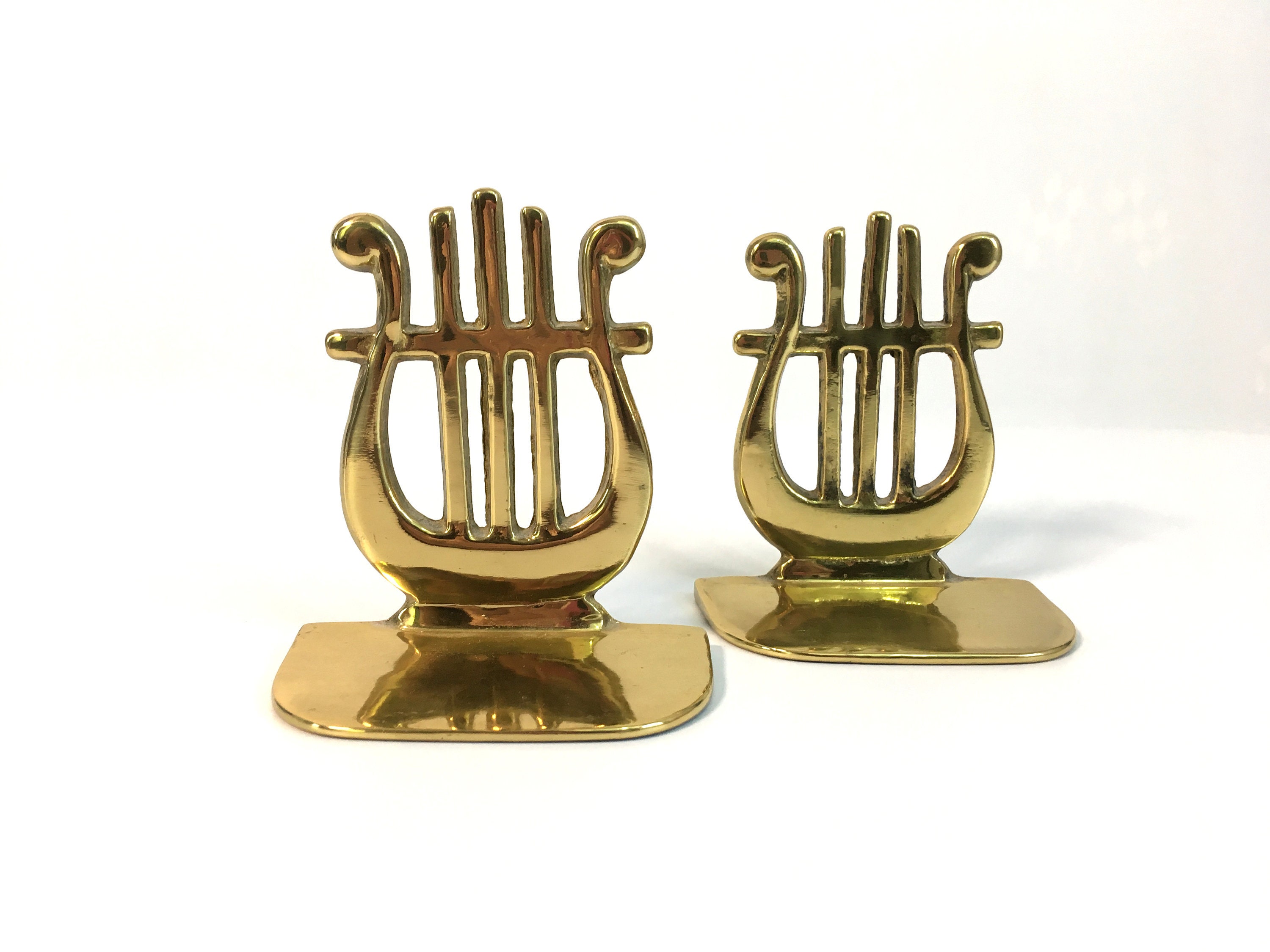 Vintage Brass Bookends Pair of Harps 2 Retro Musical Motif Brass