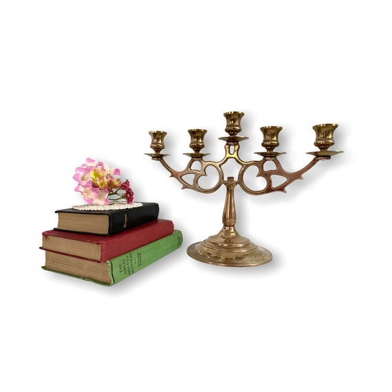 Cast brass and crystal five-armed candelabra