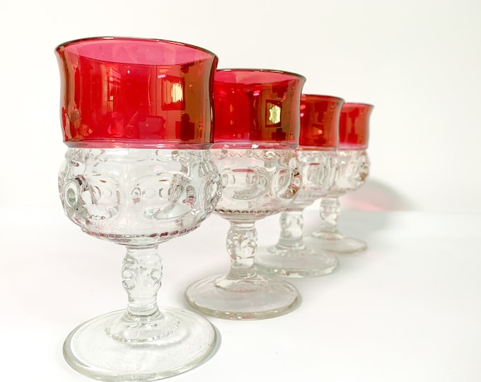 4 Vintage King's Crown Clear w/ Red Flash Glass Wine or Water Glasses - Decorative Sides & Stems - Sturdy Glasses - Vintage Retro Drinkware