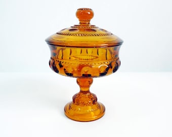 Amber Glass Kings Crown Compote / Covered Jar w/ Lid - Brown Glass Pedestal Candy Jar w/ Lid - Mid century Art Glass Home Decor