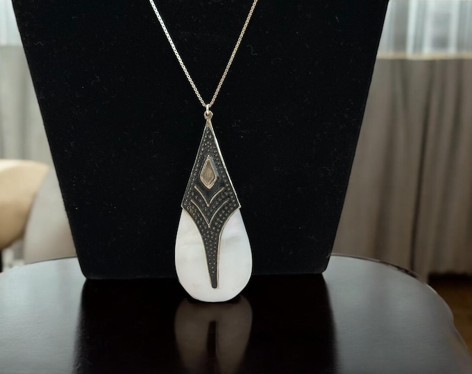 Vintage Mother of Pearl Necklace - Art Deco Era Pendant on Sterling Silver Chain -  Teardrop Shaped on Long 925 Box Chain - Estate Jewelry