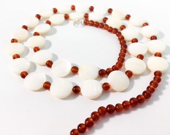 Art Deco Mother of Pearl & Carnelian Necklace - Sterling Silver Clasp