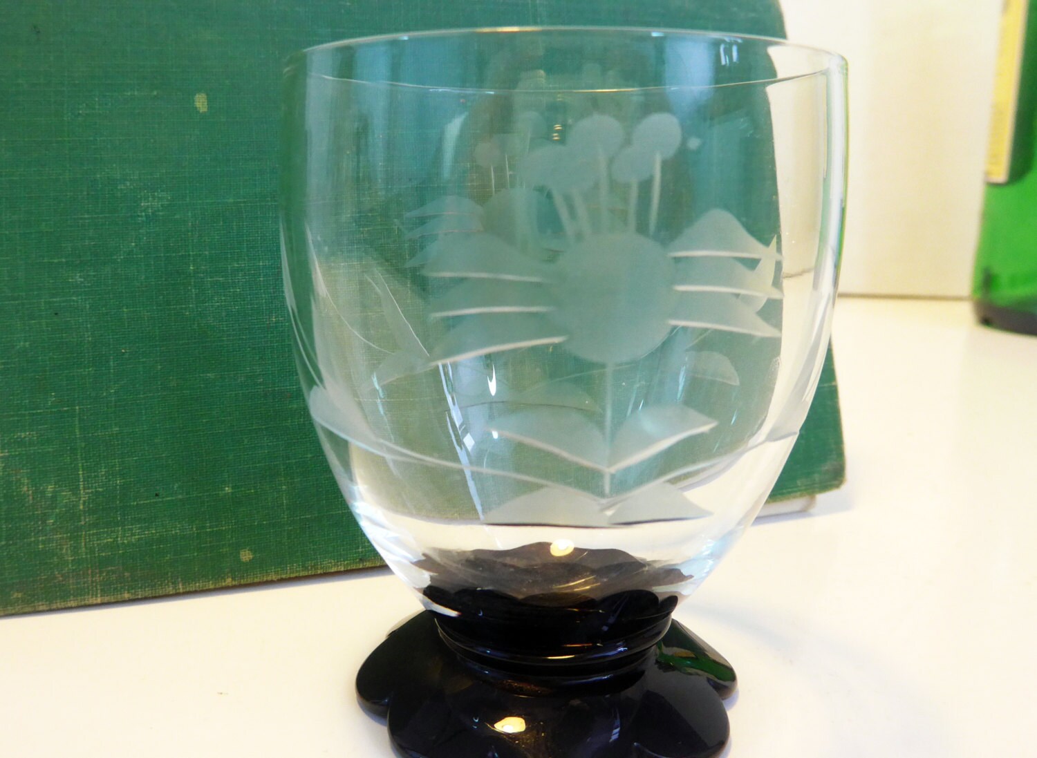 Cordial Glasses 6 Vintage Weston Lilly Pad Black Foot Etched Cordials w
