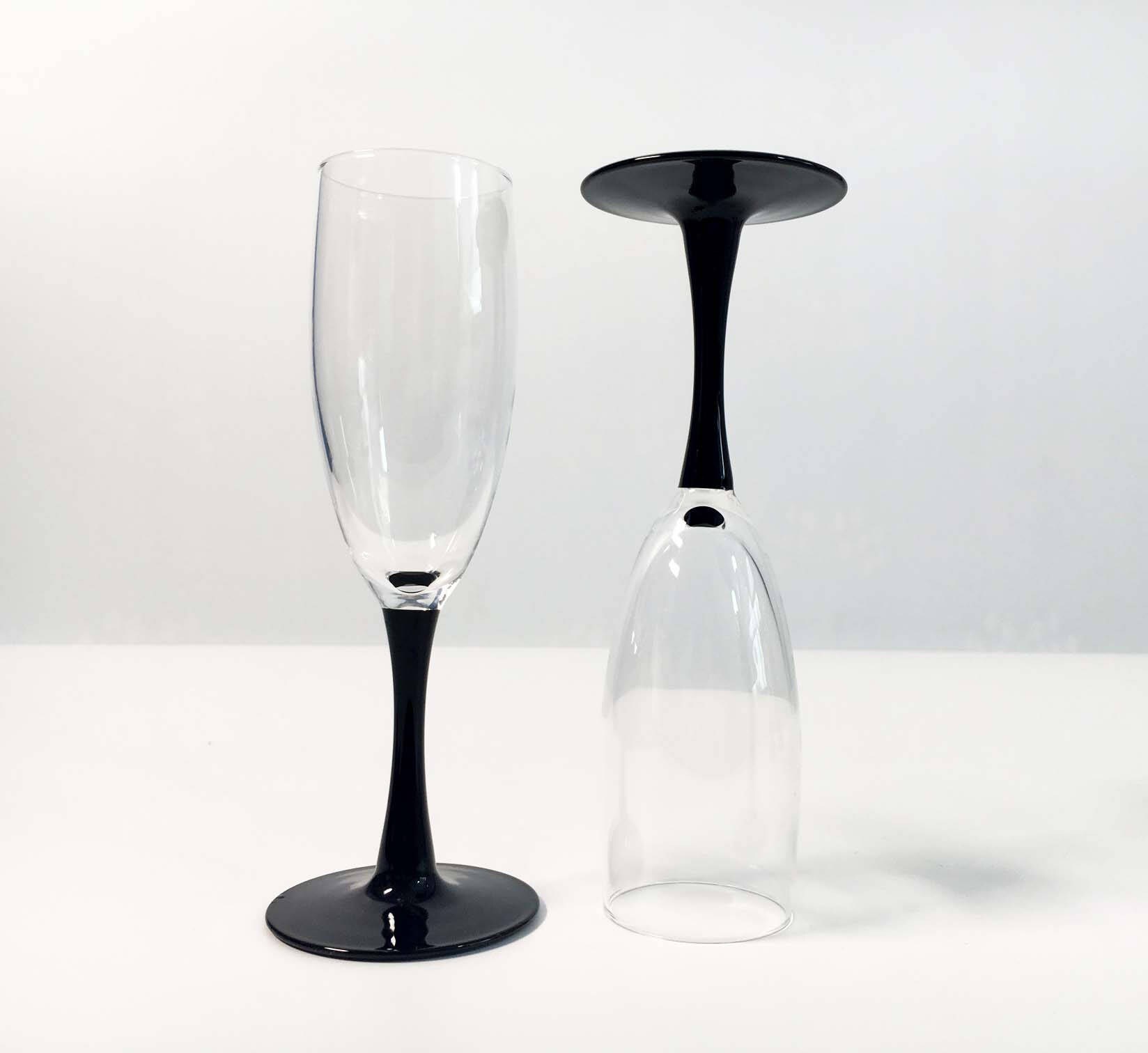 Vintage Set of 4 Luminarc France Small Short Black Stemmed Champagne Glasses or Flutes Nuance