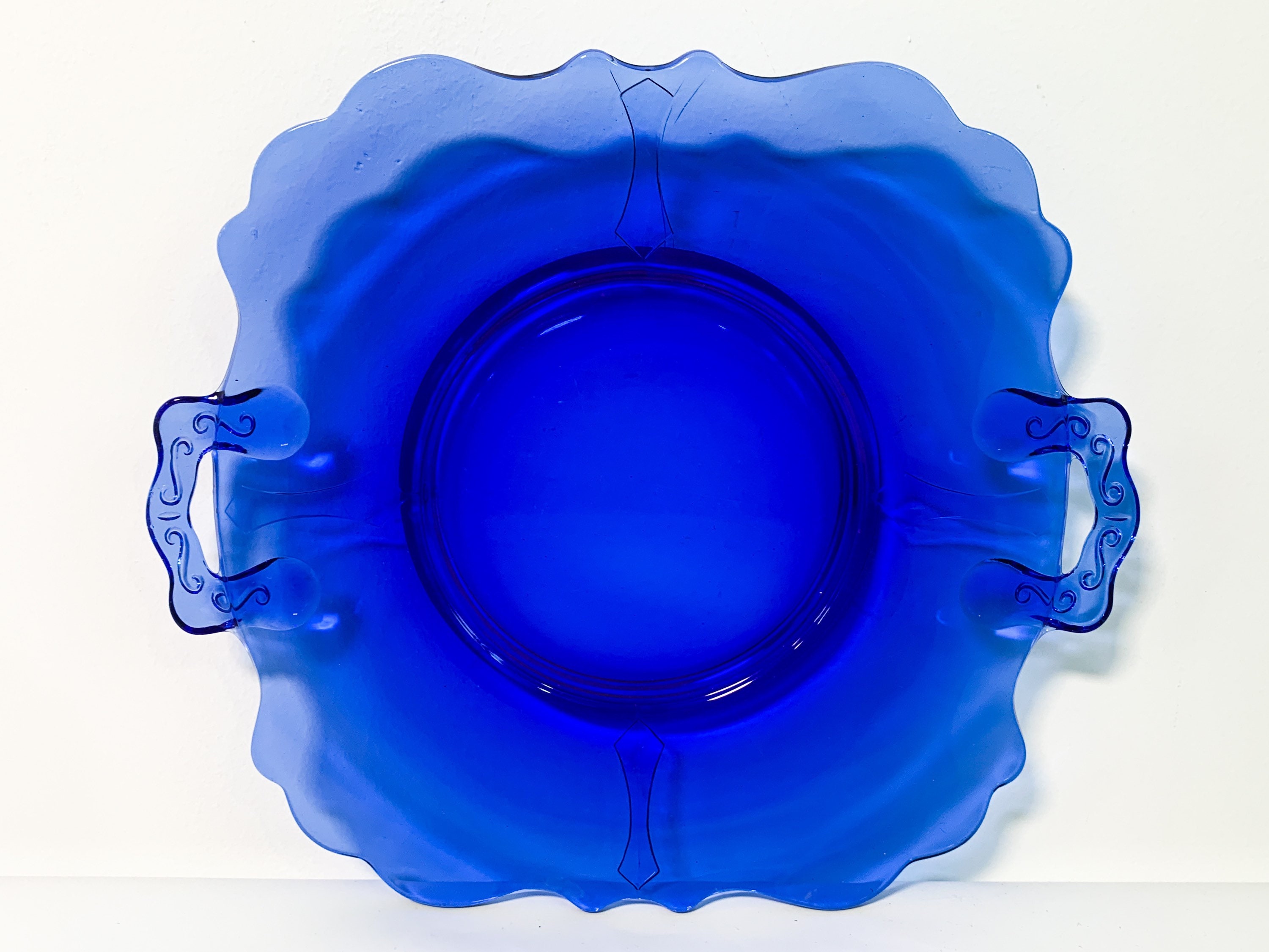 Vintage Cobalt Blue Mt Pleasant Two Handled Cake Plate Smith Glass Co Depression Era