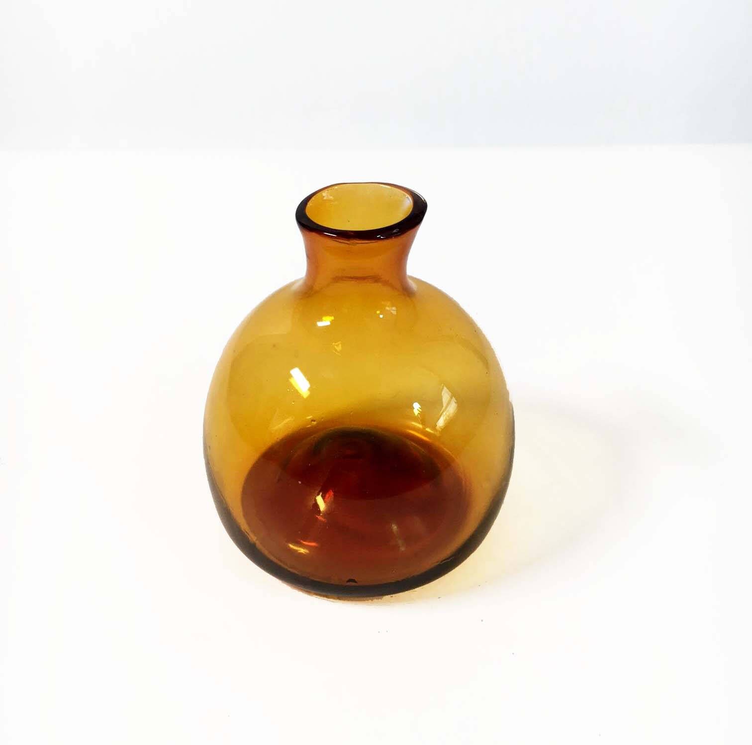 Vintage Amber Orange Art Glass Vase Hand Blown Signed Mullen Round