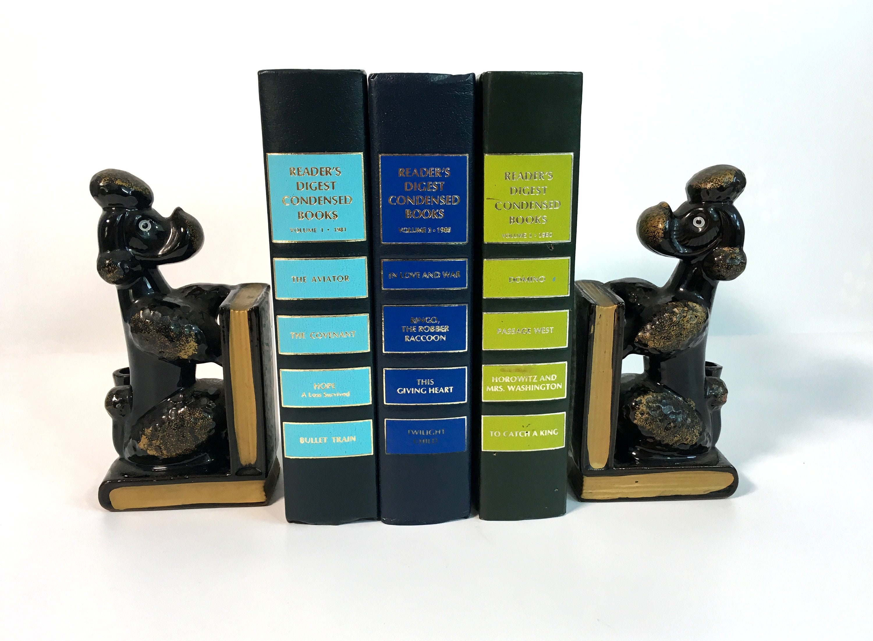Vintage Poodle Dog Bookends Pair Black w/ Gold Trim Ceramic 2 Dogs w