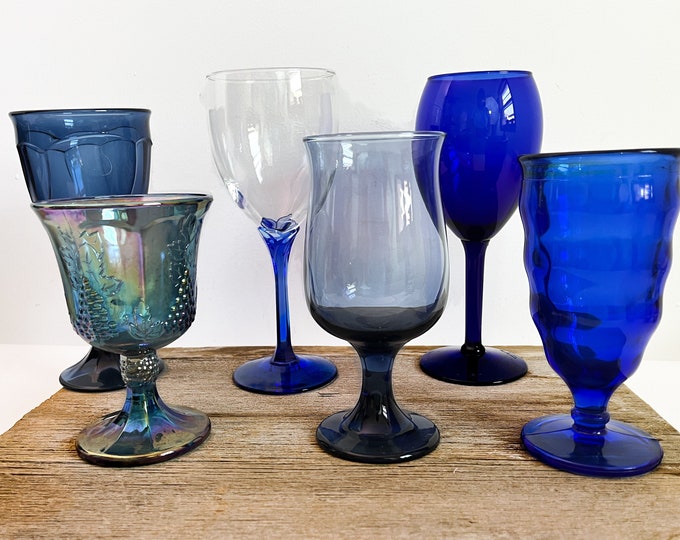 2nd Time Around Vintage Set 6 Dark Blue Goblets Water Glasses - Unique Retro Collection Combination Barware Stemware - Dinner Parties Party
