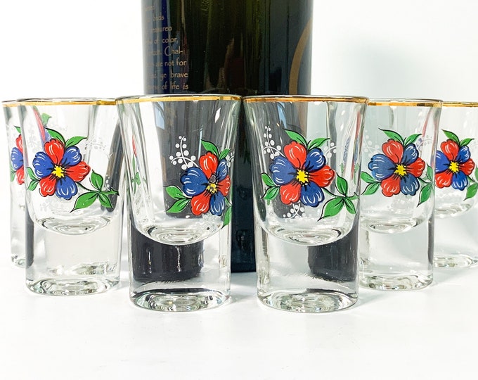 Vintage Set of 6 Gold Rim Flower Design Shot Glasses - Six Clear Glass Mid Century Original Box - 2 Sets Available Red Blue Green White