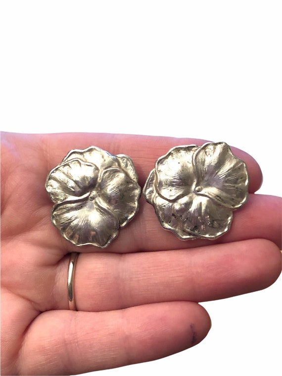 Vintage Sterling Silver Flower Earrings - Flower … - image 3