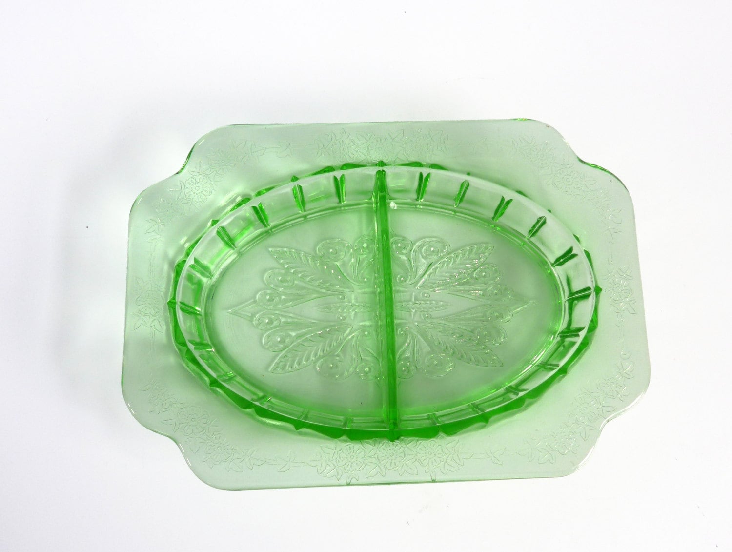 Vintage Green Depression Glass Relish Dish Rectangular w