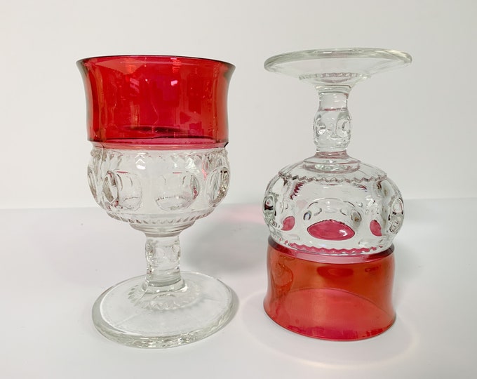2 Vintage King's Crown Clear Red Flash Glass Water Glasses / Goblet - Decorative Sides & Stems Sturdy Retro Glass - Pair Dinner Parties