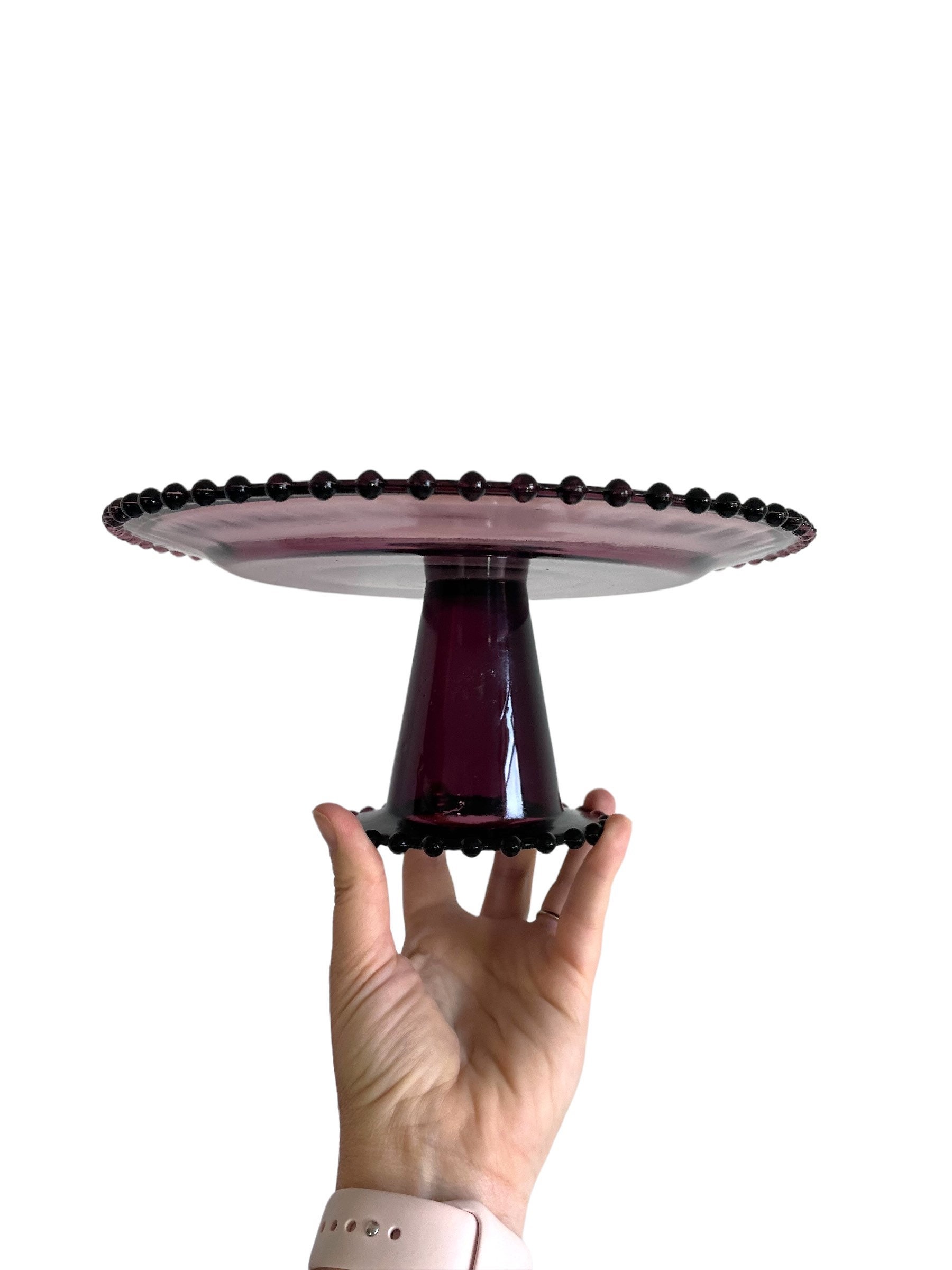 Beaded Edge Glass Cake Stand Pedestal Purple Glass Colored Vintage