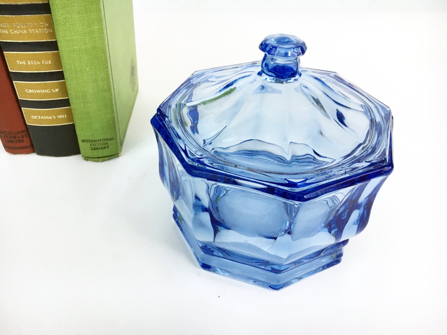 Vintage Heavy Light Blue Glass Candy Apothecary Jar with Lid Storage