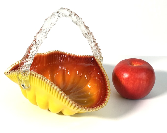 Vintage / Antique Art Glass Basket - Orange Red Yellow & Clear w/ Twig Thorns on Handle - Crimped Frilled Edge Heart Shape Retro Home Decor