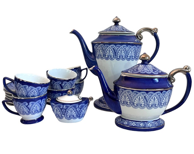 Vintage 18 Pc Blue Bombay Tile Coffee Pot Teapot 6 Cups & Saucers Sugar Bowl - Art Deco Serving Set