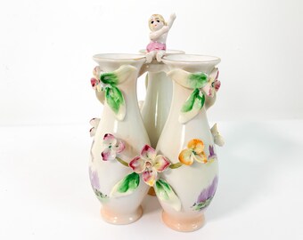 Vintage 3 Bud Vase Mid Century Kitsch Floral Home Decor Ceramic Child / Baby on Top EPP & Co Japan Small Triple Vase